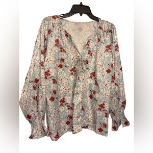 Women's V-Neck Tie-Up Printed Lantern Long-Sleeved Shirt